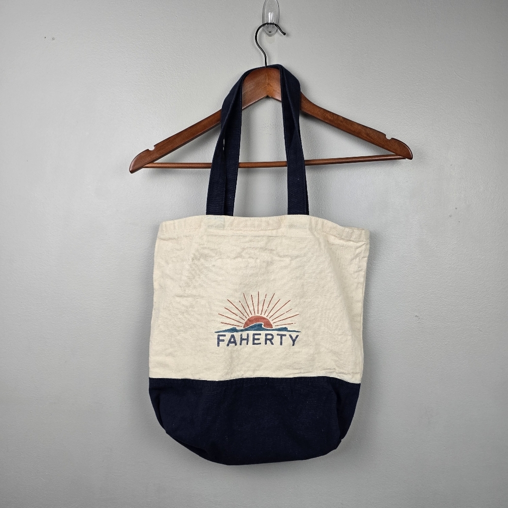 Faherty Brand Cotton Canvas Tote Bag Signature Logo 15×14.5 Navy Cream‎